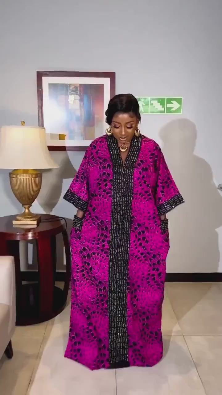 Pink & Black Ankara Caftan Dress, African Print Maxi Dress, Plus Size Kaftan Robe
