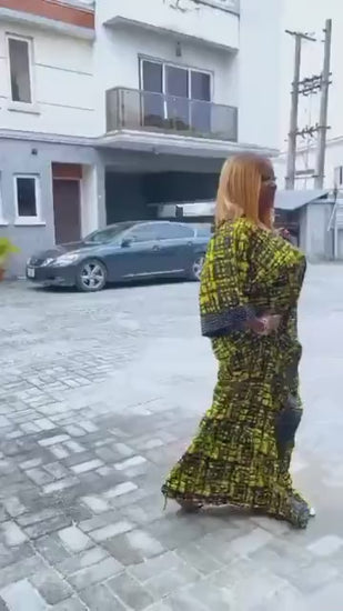Yellow & Black Ankara Kaftan Dress - African Print Maxi Dress with Pockets