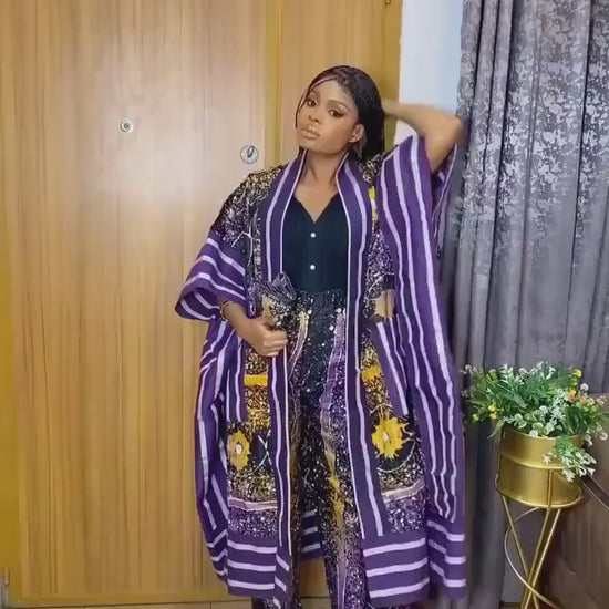 Adire Kimono and Pants Set | Handmade Aso Oke, Size 12-20