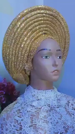 Luxury Sequined African Auto Gele | Pre-tied Turban Hat