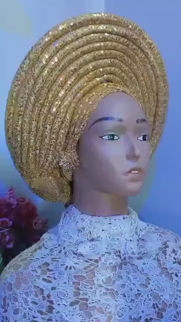 Luxury Sequined African Auto Gele | Pre-tied Turban Hat