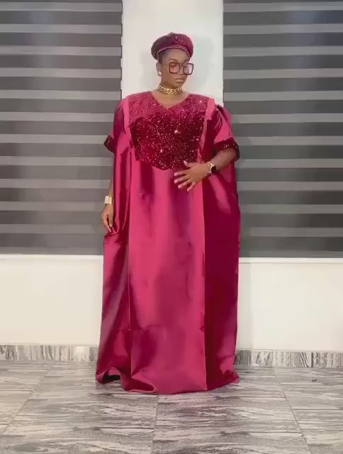 Burgundy Sequin Mikado Silk Boubou: African Kaftan Dress with Cap