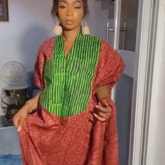 Handmade Adire Cotton Kaftan Dress | Nigerian Boubou with Head Scarf