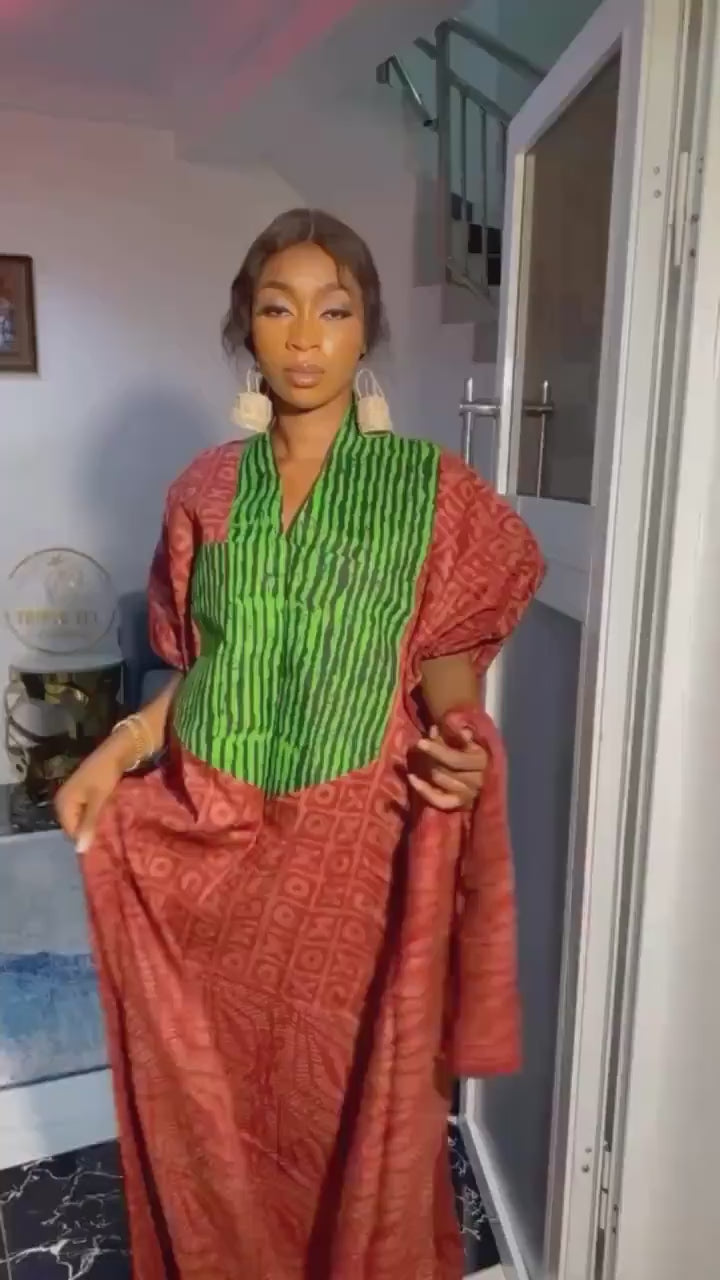 Handmade Adire Cotton Kaftan Dress | Nigerian Boubou with Head Scarf