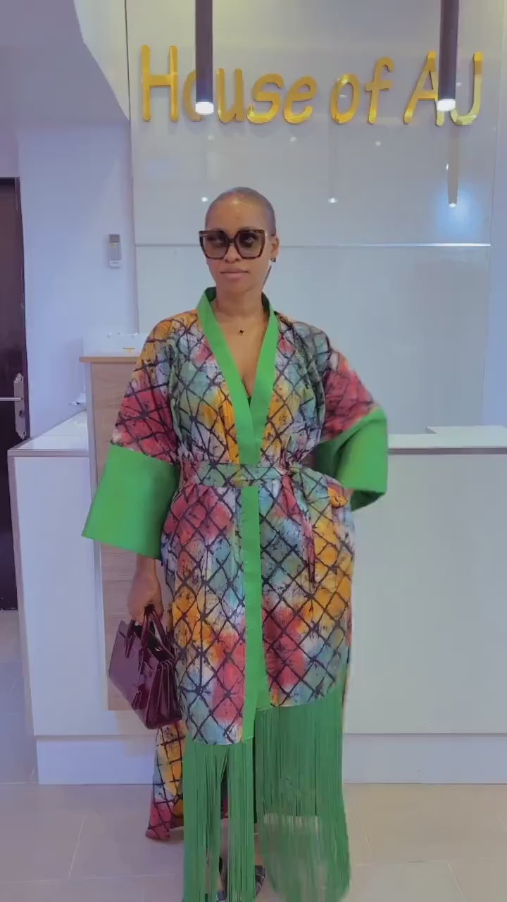 African Adire Kimono| Boubou| Rich Aunty Vibes| danshiki | Kaftan| African print dress | Nigerian made | Wedding Party dress| Fringe dress
