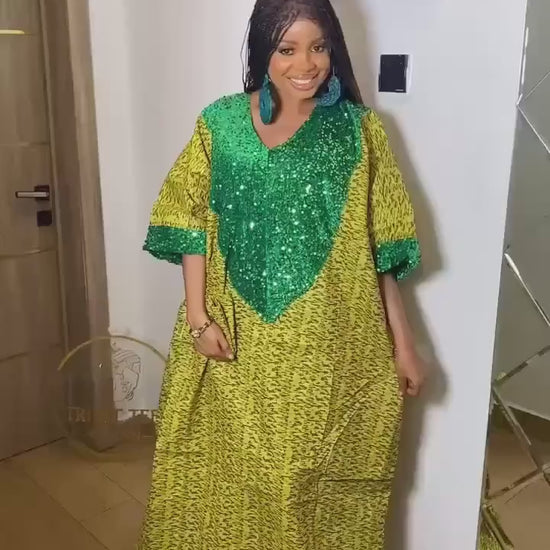 Sequin Ankara Boubou Dress | African Kaftan, Party Gown with Scarf