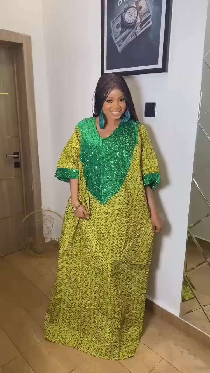 Sequin Ankara Boubou Dress | African Kaftan, Party Gown with Scarf