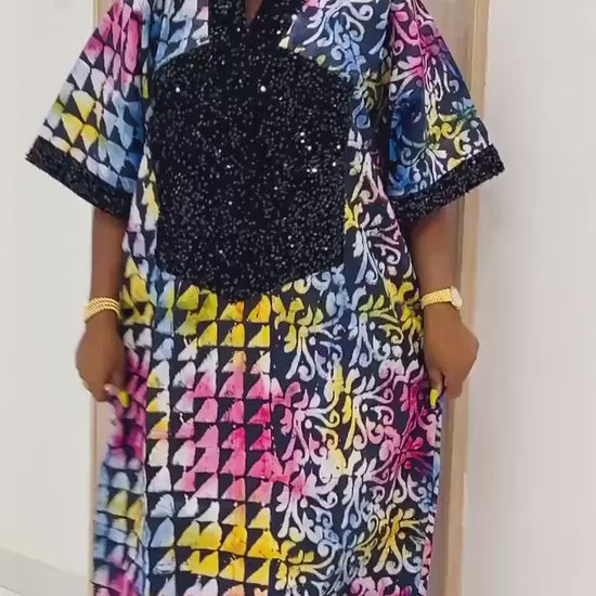 Handmade African Adire Brocade Kaftan Dress | Nigerian Print