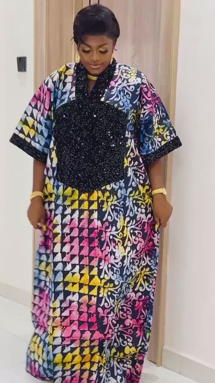 Handmade African Adire Brocade Kaftan Dress | Nigerian Print
