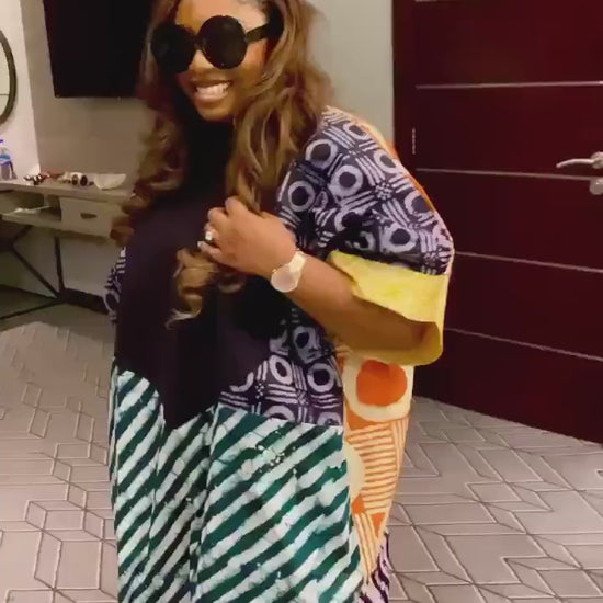 African Adire Batik Boubou Dress: Handmade Nigerian Kaftan with Scarf