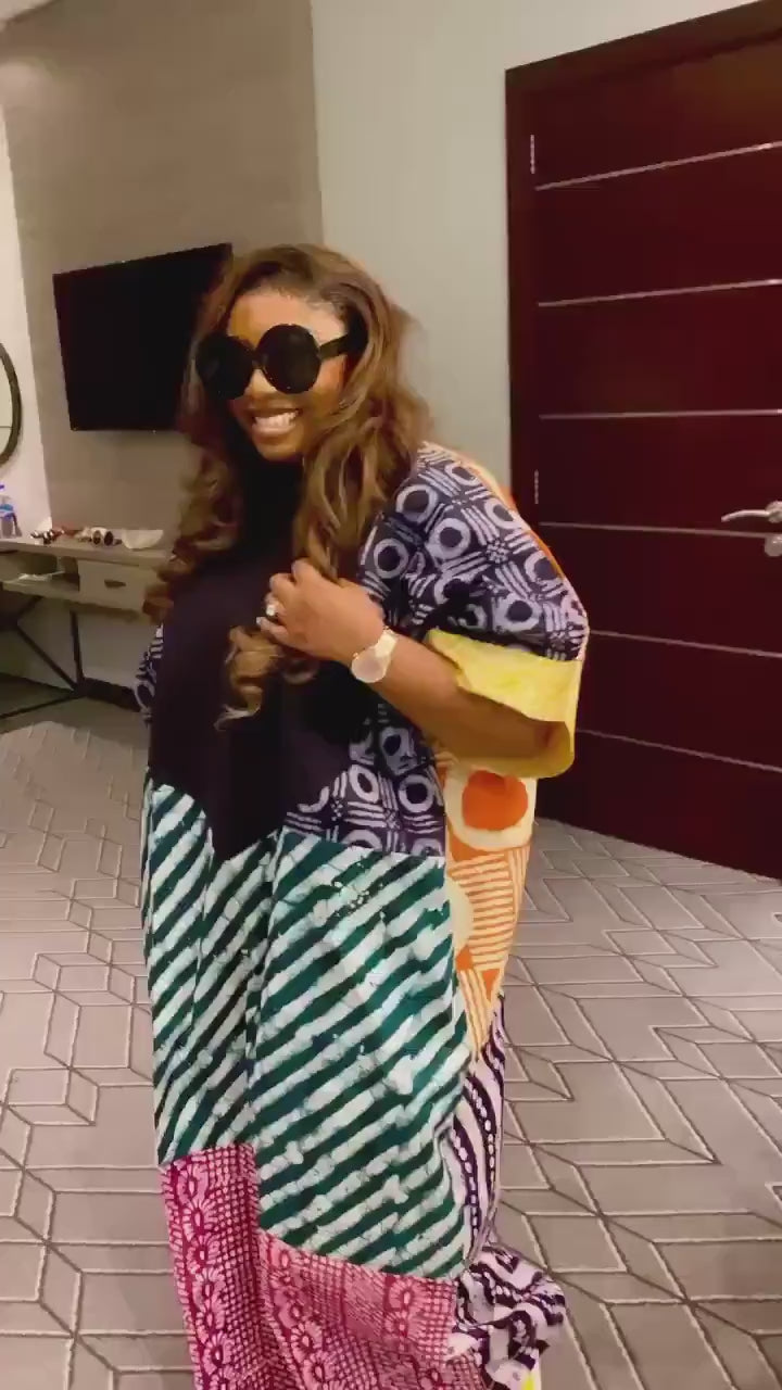 African Adire Batik Boubou Dress: Handmade Nigerian Kaftan with Scarf