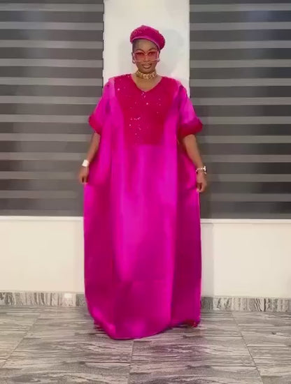 Pink Sequin Mikado Silk Boubou: African Kaftan Dress with Cap