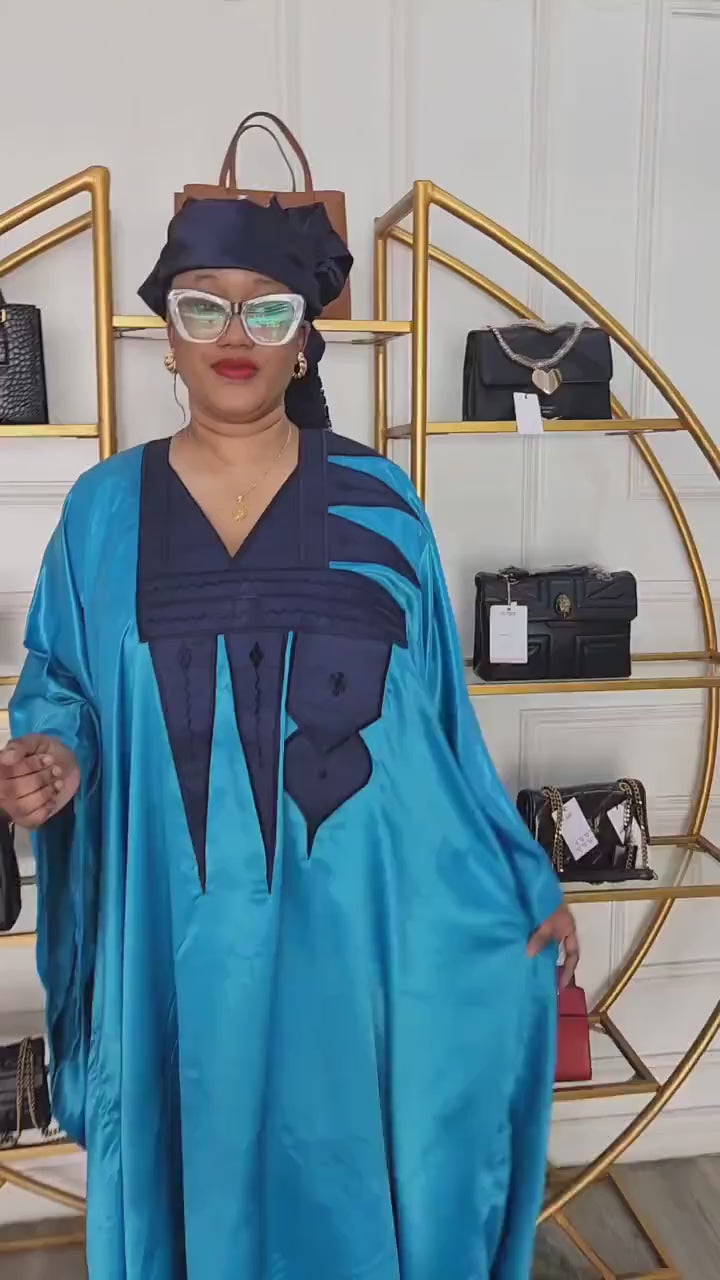 Embroidered Duchess Silk Boubou | African Kaftan Dress with Scarf